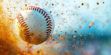 A baseball player makes contact with the ball sending it soaring through the air. Dust and debris scatter around as the ball gains speed and distance during the exciting moment of the game.の素材