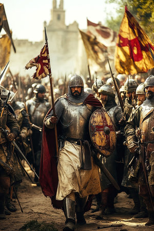 Knights in armor and infantry march together preparing for battle during the Anglo French War. Banners wave as they advance through a historical landscape embodying the intensity of the conflict.の素材