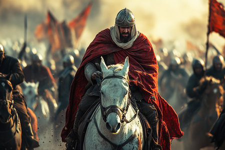 The intense battle between Crusaders and Saracens led by Saladin showcasing the chaos and valor amidst a siege on Constantinople in the historical crusade.の素材