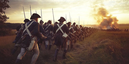 Soldiers march in formation across open fields preparing for combat during the Battle of Long Island in the American Revolution. Smoke rises in the background as they move forward at sunset.の素材