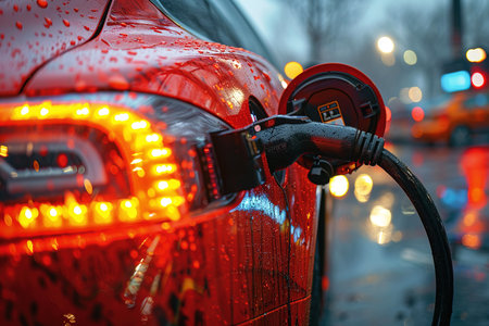 Electric vehicle charging technological modern device at the station for accumulators. Ecological green energy alternative. Header banner mockup with copy space.の素材