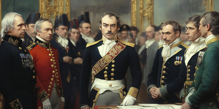 In 1808 key figures gather around a table during the Erfurt Congress to discuss pivotal alliances and strategies. Tensions and camaraderie fill the room as negotiations unfold.の素材