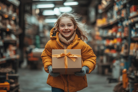 joyful girl with bright smile runs down city street holding beautifully wrapped gift box tied with ribbon enjoying festive atmosphere.の素材