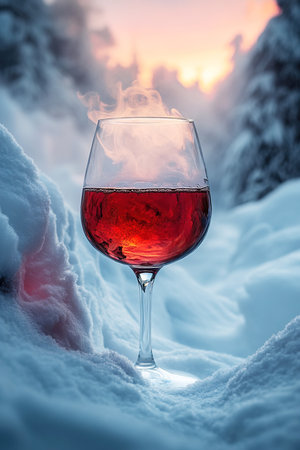 A glass filled with steaming hot red wine sits on crisp snow as a stunning avalanche looms in the background. The warm hues of sunset create a captivating view in this cold environment.の素材