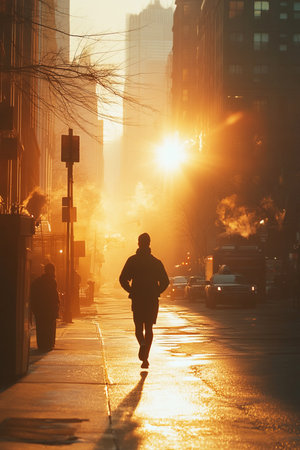 A jogger runs along city sidewalks as the golden rays of the morning sun illuminate the street. The scene captures the essence of urban life showcasing vibrant buildings and warm light.の素材