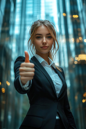 A confident businesswoman in a sleek suit stands in a bustling urban environment. With her thumb extended upward she conveys a positive message against a backdrop of reflective business centers.の素材