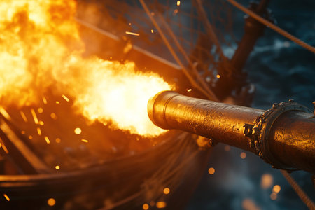 galleon ship is engaged in fierce naval combat firing its cannons from side as flames and sparks erupt showcasing intensity of maritime warfare in historicalの素材