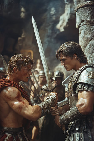 Two fierce warriors confront each other on a rocky terrain swords locked in a deadly duel.の素材