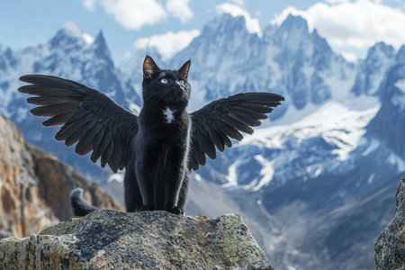 black cat with large wings sits proudly on rock gazing out at stunning snow capped mountain peaks under clear blue sky embodying sense of freedomの素材