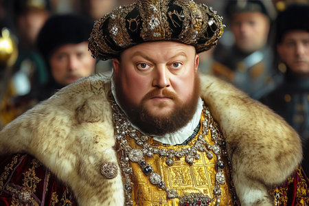 Henry VIII the iconic King of England is portrayed wearing luxurious garments adorned with jewels and fur.の素材
