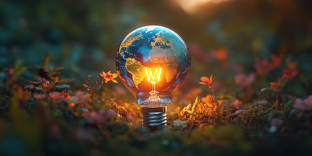A unique light bulb designed as planet Earth emits a warm glow surrounded by vibrant flora. The background is softly blurred emphasizing the ecological theme of sustainable energy.の素材