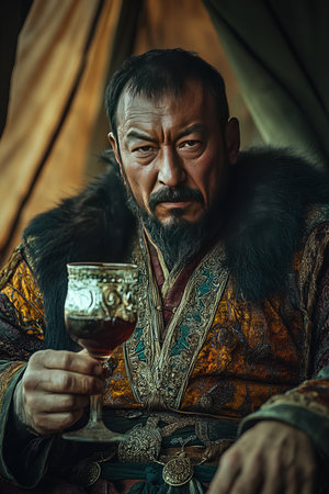 A powerful Mongol leader enjoys a moment of revelry within a richly adorned tent designed sipping wine from an intricately skull glass. The atmosphere is lively and festive.の素材
