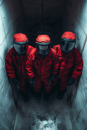 Indoor paintball arena view shows a cheerful team of players in clean red suits. Their smiles reflect enjoyment while holding paintball markers. The atmosphere is lively and energetic.の素材