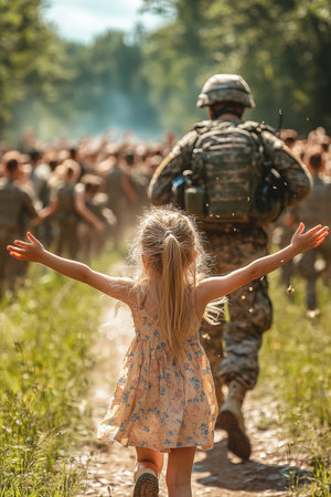 five year old girl in bright dress runs with happiness towards her mother soldier in full uniform who awaits warm hug after returning home fromの素材