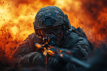 A modern soldier is positioned on the ground with a rifle aimed surrounded by flames and debris. The environment depicts a chaotic battlefield emphasizing the intensity of military action.の素材