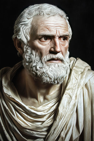A detailed representation of Sophocles displaying his wise yet troubled expression. The artwork captures the essence of this influential Athenian playwright and tragician from ancient Greece.の素材