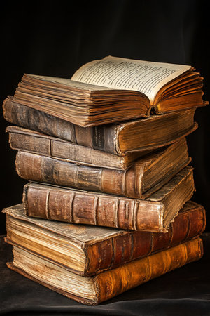 A stack of four antique books rests against a dark background. One book lies open on top exposing its worn pages inviting exploration and discovery.の素材