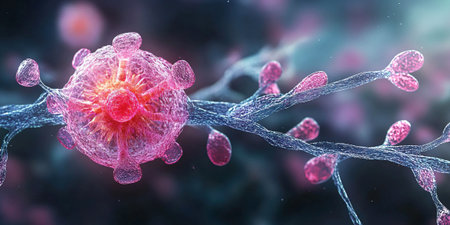 Light pink reproduction cell is prominently displayed against a dark background revealing intricate details of sperm reproduction processes in its natural environment through microscopy.の素材