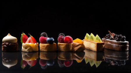 A tempting array of diverse restaurant desserts is lined up showing different textures and flavors. Each piece features fruits and creams creating an appealing visual.の素材