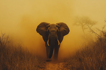 An elephant moves through a dusty path surrounded by tall grass and trees. The golden hue of sunset creates a stunning backdrop as the safari experience unfolds in Africa's wilderness.の素材