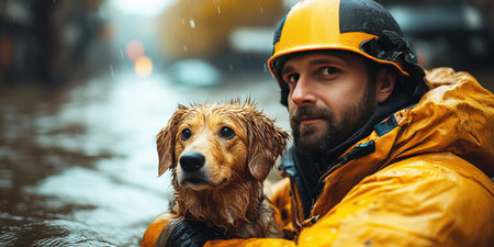 A man in a rescue uniform holds a terrified dog as floodwaters rise in a city. Rain falls heavily as he navigates through the water showing courage in a time of crisis.の素材