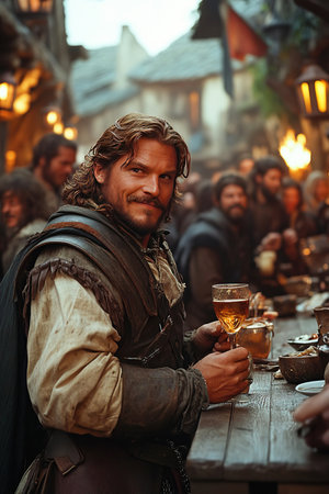 Merry knights gather around a wooden table in a rustic tavern sharing drinks and stories. Laughter fills the air as they celebrate with friends showcasing camaraderie and holiday spirit.の素材