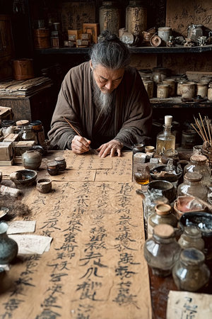 In a tranquil workshop Cai Lun writes on a large piece of paper surrounded by jars and tools. The scene reflects the artistry and craftsmanship of ancient Chinese paper making during the Han Dynasty.の素材