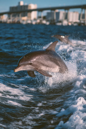 A dolphin leaps high above the water's surface creating splashes as it breaks free from the ocean. The city skyline is visible along the horizon showcasing a vibrant coastal scene.の素材