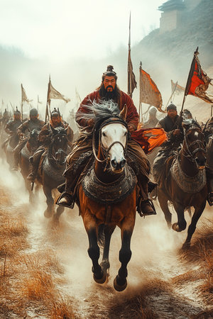 Galloping with fierce intensity Mongolian warriors ride across misty battlefield banners flying preparing for an ancient horse attack in the midst of conflict and bravery.の素材