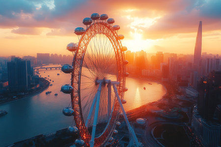 A striking ferris wheel stands tall in a modern city as sunlight filters through the skyline casting warm hues. People enjoy the attraction while boats drift along the waterway beneath.の素材