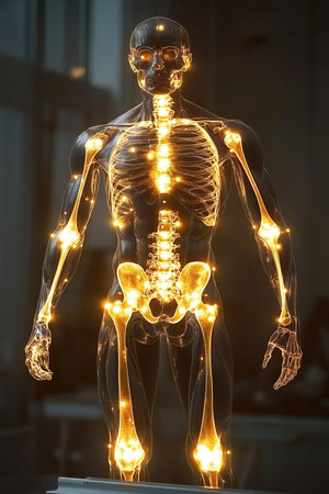 A striking visual representation of the human body with glowing joints displays areas of pain while emphasizing the skeletal structure.の素材