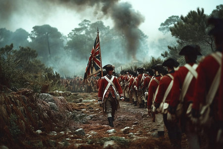 British soldiers in notable uniforms advance towards the Siege of Pensacola. The setting is filled with smoke indicating ongoing conflict during the Anglo Spanish War from 1779 to 1783.の素材