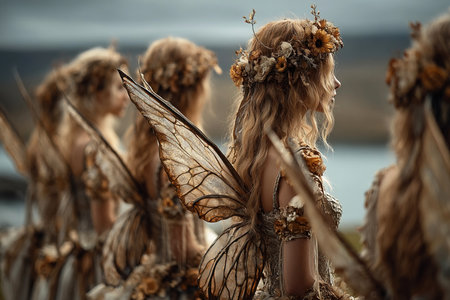 A group of enchanting fairies with delicate wings stands together by a tranquil lake. Their intricate floral dresses and serene expressions create a magical atmosphere during twilight.の素材