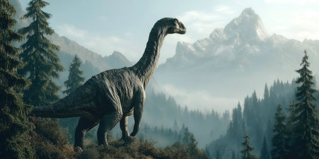 A Qantassaurus stands majestically in a vivid prehistoric landscape filled with tall trees and towering mountains. This scene captures the ancient world of dinosaurs in their natural habitat.の素材