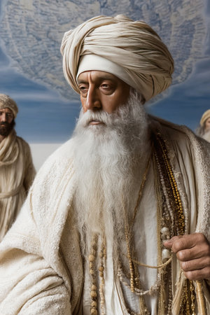 Zarathustra stands with a thoughtful expression adorned in traditional attire while followers gather in reverence. The scene reflects the significance of his teachings in Zoroastrianism.の素材