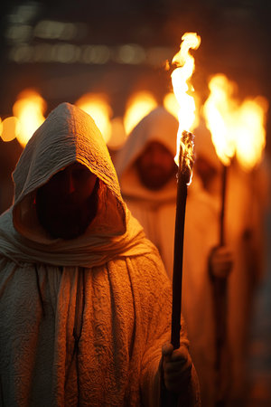Fanatics dressed in white hoods and capes march in formation carrying burning torches with blurred burning crosses illuminating the dark background.の素材