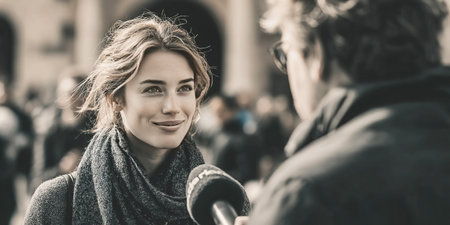 In a bustling location a journalist conducts a lively interview with a smiling guest. The interaction is engaging capturing the interest of passersby in the afternoon light.の素材