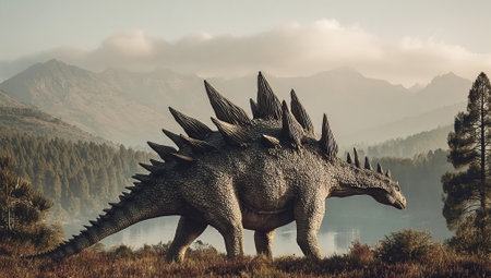 A Kentrosaurus is seen exploring a serene landscape filled with lakes lush forests and distant mountains. The scene captures the tranquility of a prehistoric environment.の素材