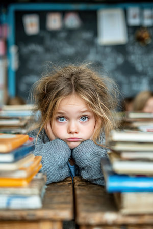 An upset girl sits at a desk in a classroom resting her head on her hands. Stacked textbooks are visible around her while a teacher is present in the background creating a typical school setting.の素材