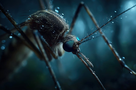 A detailed view of a mosquito highlighting its fine hairs and distinctive features. The insect is surrounded by droplets of water set against a dimly lit natural backdrop.の素材