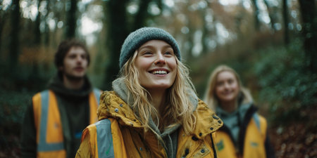 Three enthusiastic volunteers participate in an outdoor garbage cleaning effort. They wear bright jackets smiling as they work to restore the beauty of their natural environment.の素材