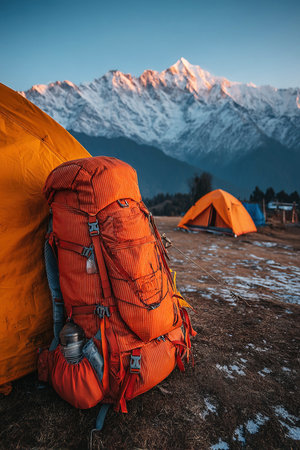 A vibrant orange backpack rests against a tent in a remote area showcasing a breathtaking view of snow capped peaks under clear skies during early morning. Perfect for mountaineering adventures.の素材