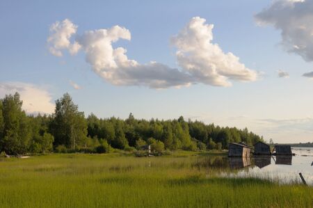 The picture shows abandoned and broken slip docs in a small settlement in Russia's Karelia regionの写真素材