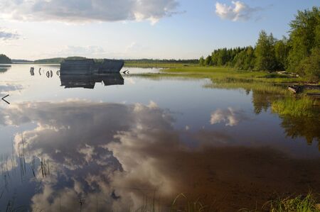 The picture shows abandoned and broken slip docs in a small settlement in Russia's Karelia regionの写真素材