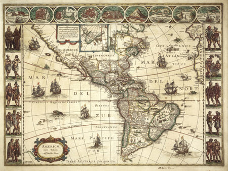 An ancient medieval map of North and South Americas by Willem Blaeu. 1617. Sepia, with illustrations...