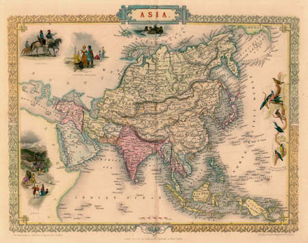 An ancient medieval map of Asia. 1851. Sepia, with color illustrations.の写真素材