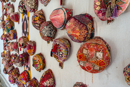 Traditional Uzbek headwear - a skullcap on the wall as decoration.の写真素材