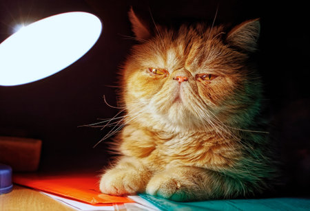 Portrait of a red exotic cat in a dark room in a beam of electric light of a lamp. indoors....