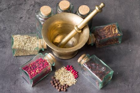 Set of spices with a mortarの写真素材