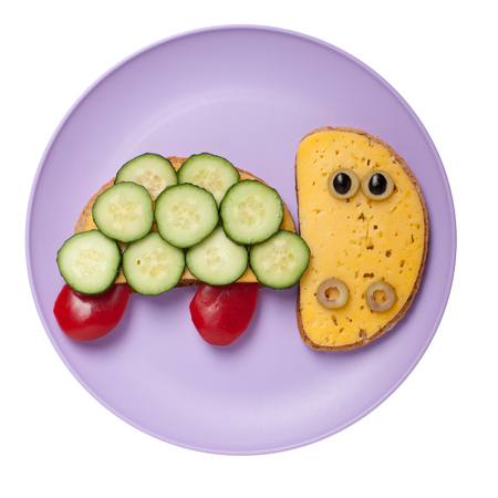 Turtle made of bread and vegetables on plateの写真素材